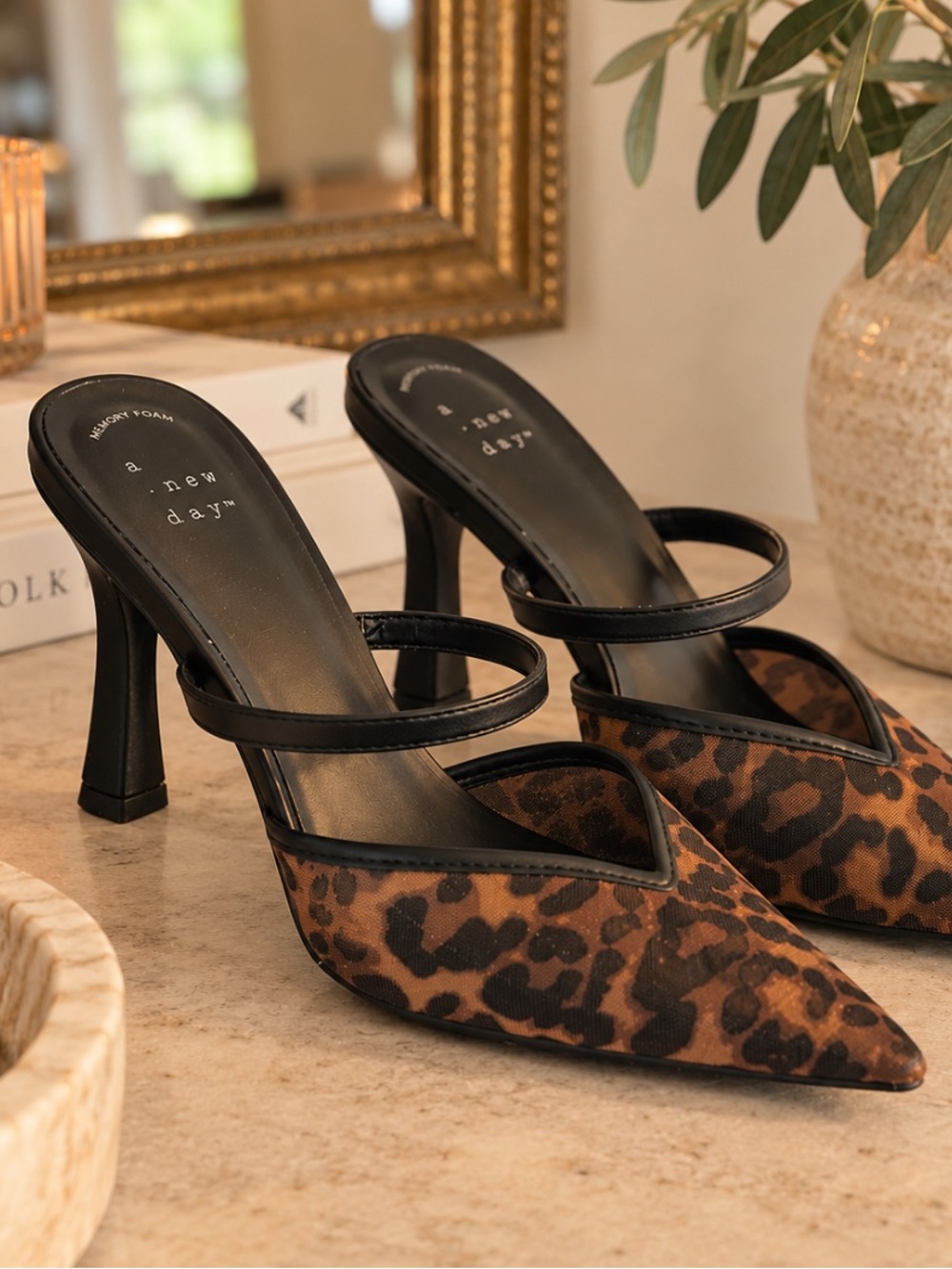 a new day Brown Leopard-Print Pointed-Toe Heels with Black Straps
